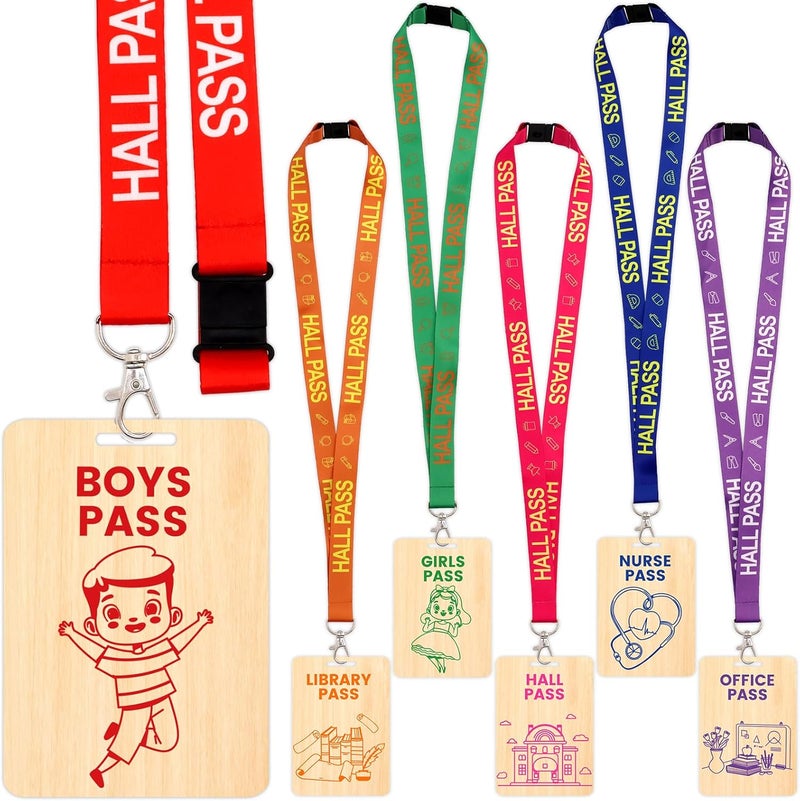 WorldBazaar Wooden Bathroom Passes Lanyards 6 Sets Classroom Hall Pass Bathroom Office Library Nurse Girls Boys School Teacher Supplies - Image 3